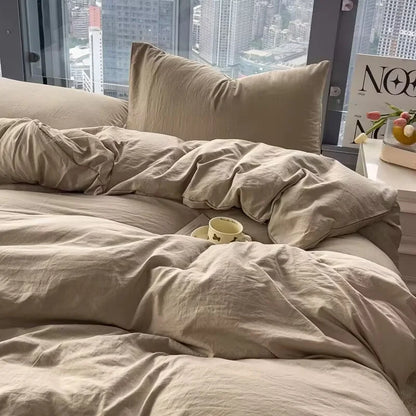 Washed Cotton Bedding Set,Bed Sheet Set, Linen Feel, Super Soft, Comfortable, 4-Piece Duvet Cover Set, Durable and Easy Care.