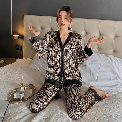 Frühling Neue Damen Eis Seide Pyjamas Homewear Set von Langarm Pyjamas Frauen Eis Seide Net Rot und Kragen Pyjamas homewear.