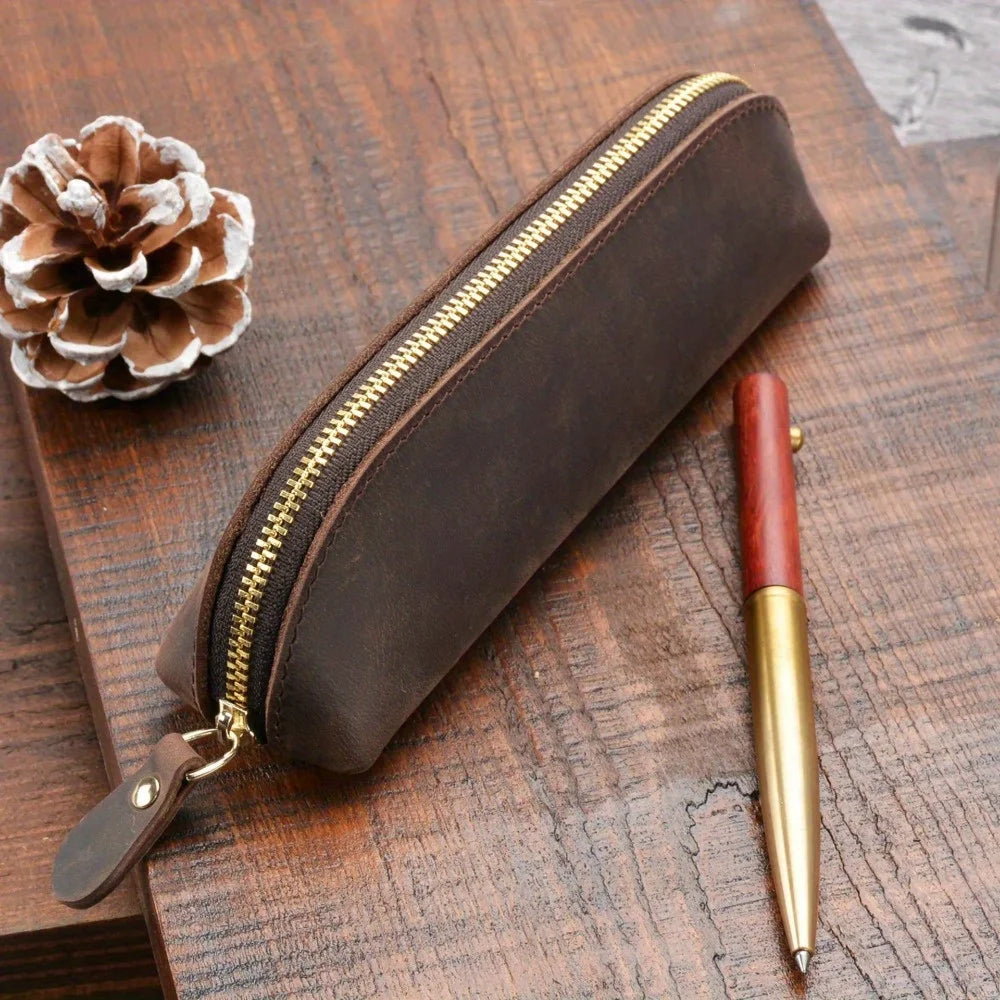 Vintage Leather Pencil Bag Simple Stationery Hoder Pen Case Storage Bag Zipper Pencil Pouch Glasses Box School Supplies.
