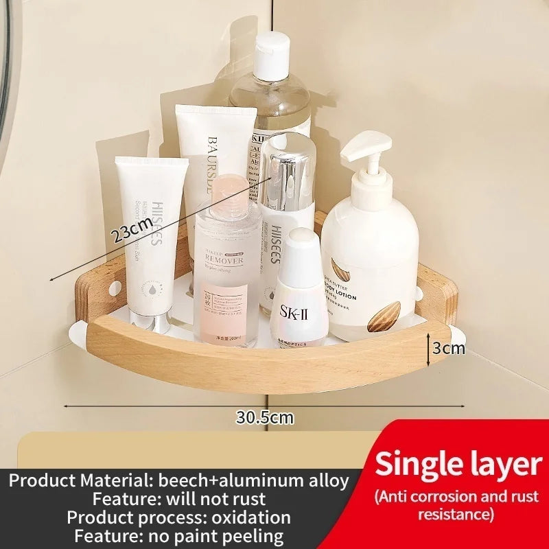 Badezimmer-Aufbewahrungsregal aus Holz und Aluminium, Aufbewahrungsregal für Badezimmer, perforationsfrei, Wandbehang, Waschtisch, WC, dreieckiges Eckregal