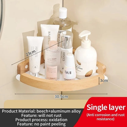 Badezimmer-Aufbewahrungsregal aus Holz und Aluminium, Aufbewahrungsregal für Badezimmer, perforationsfrei, Wandbehang, Waschtisch, WC, dreieckiges Eckregal