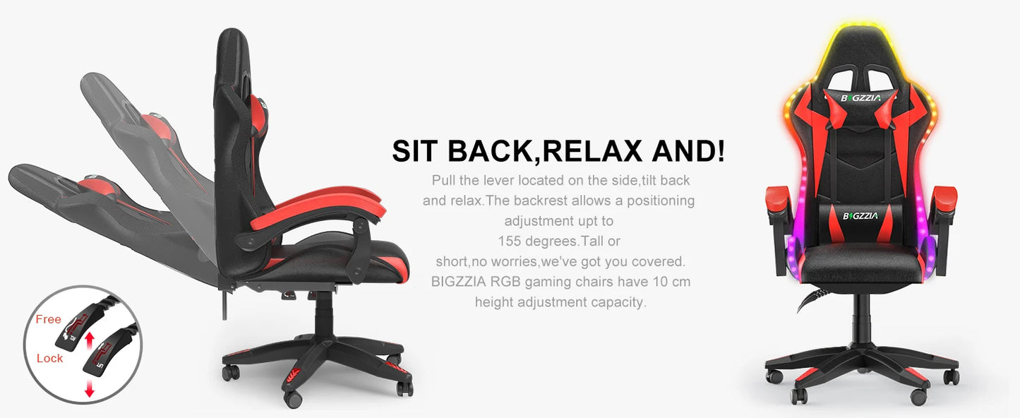 bigzzia Gaming Chair with LED RGB Gaming Chairs Ergonomic PC Chair with Headrest Gaming Chair RGB Light Lighting Computer Chair