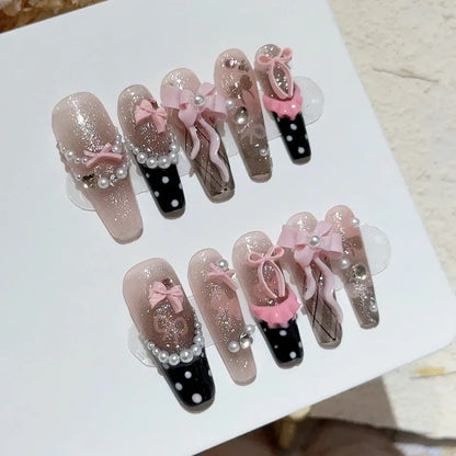 Black Pink Sweet French Almond Handmade Press On Nails Grid Polka Dot Love Skirt Ballet Fake Nails Princess Cute Bow Nail Art.