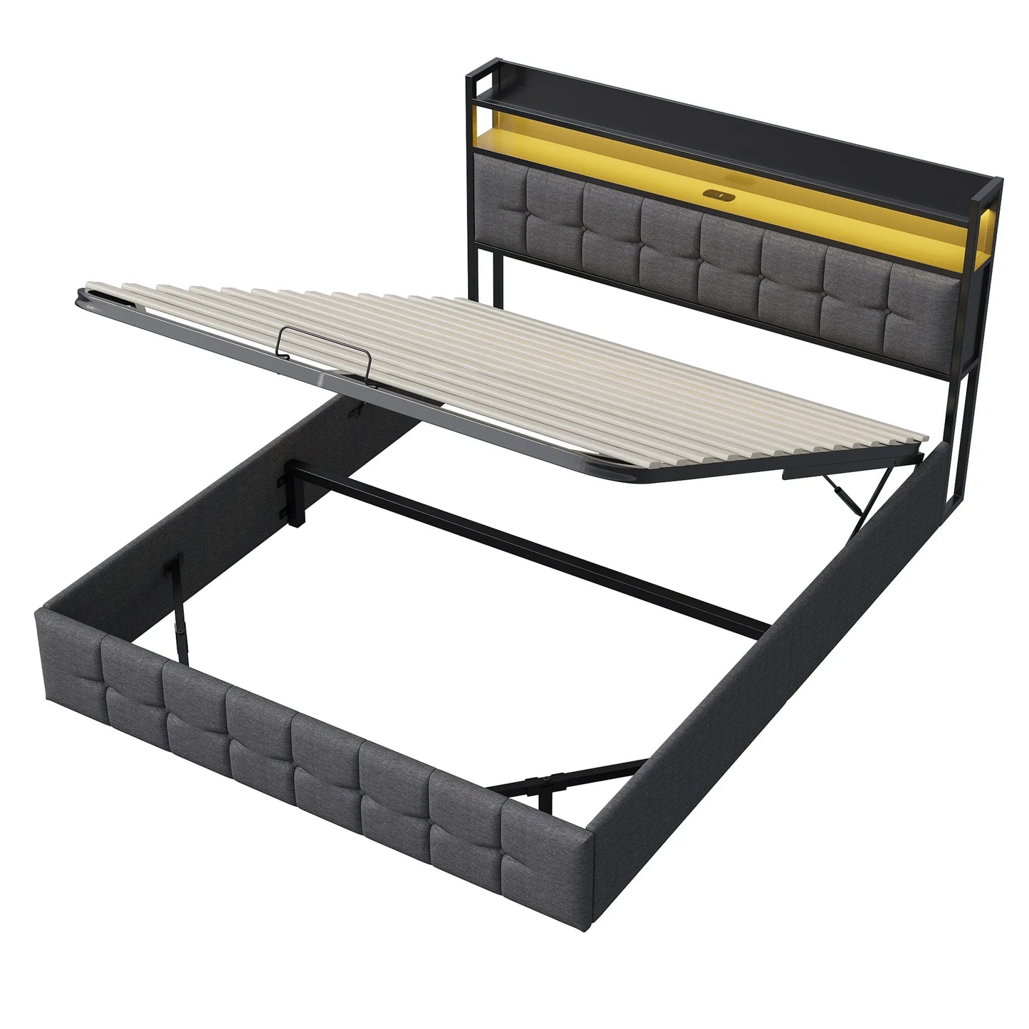 Rosahqnda Doppelbett 160 x 200 cm, mit Steckdose und LED, Kopfteil mit Stauraum und hydraulischem Stauraum, Schlafzimmer für Teenager, Leinen/PU