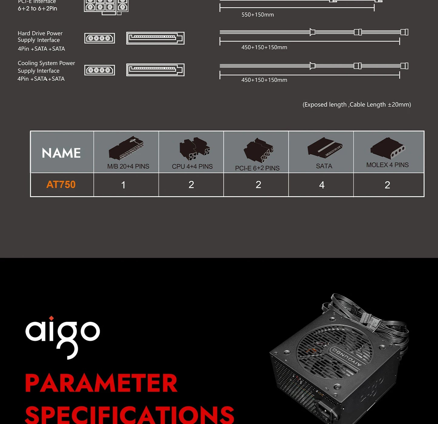 Aigo AT Power Supply PC Gamer 550W 650W 750W ATX Fonte 80 PLUS Bronze Certification 100-240V Diy Gaming Computer PSU For 14600kf