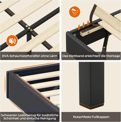 LED-beleuchtetes 180 x 200 cm großes Polsterbett mit Gestell, Gitterbettgestell, schwebender schwarzer Bettrahmen für Schlafzimmer