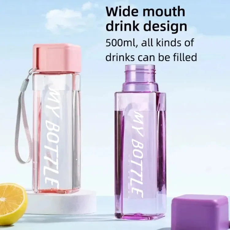 1 Pcs Clear Square Drinking Glass in Mate Plastic Portable Water Bottle with Milk Cable for Outdoor Sports.