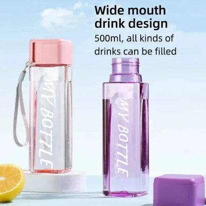 1 Pcs Clear Square Drinking Glass in Mate Plastic Portable Water Bottle with Milk Cable for Outdoor Sports.