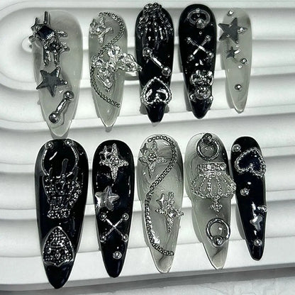 Jirai Japanese Spice Girls Handmade Press On Nails Y2K Black White Long Tip Nail Art 3D Butterfly Star Crown Cool Fake Nails.