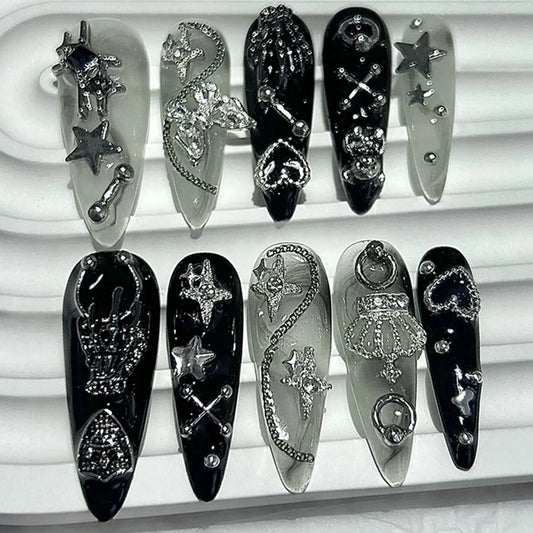 Jirai Japanese Spice Girls Handmade Press On Nails Y2K Black White Long Tip Nail Art 3D Butterfly Star Crown Cool Fake Nails.