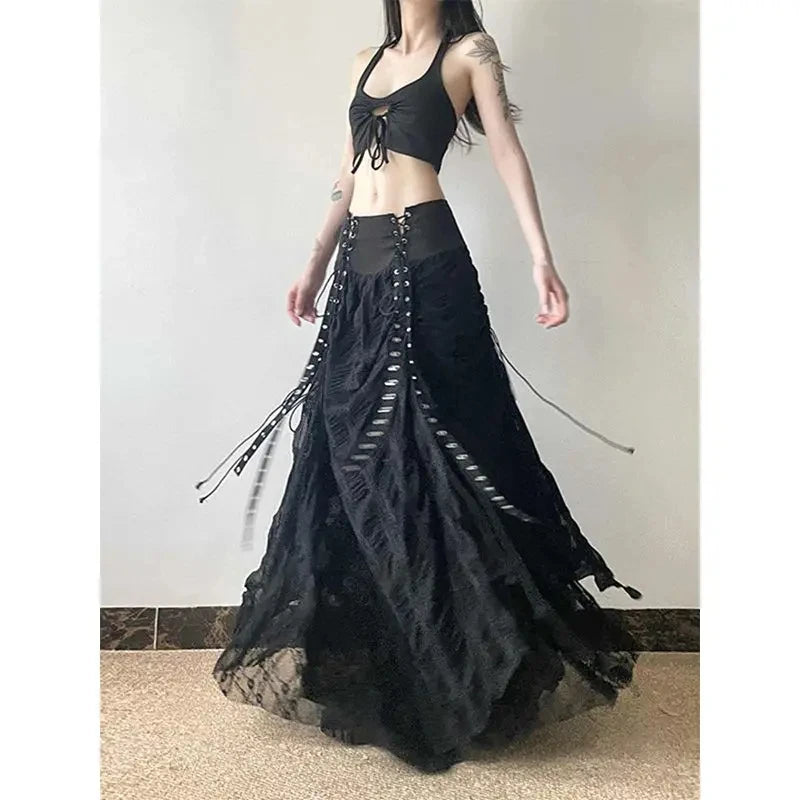 MEXZT Y2K Lace Mesh Long Skirt Women Harajuku Vintage Patchwork Bandage Black Skirts Gothic Aesthetic High Waist Chic Faldas New.
