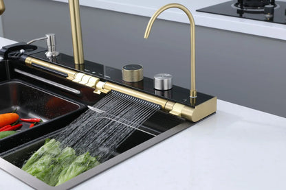 Golden Household Stainless Steel Waterfall Kitchen Sink MultiFunction Wash Vegetable and Dish Countertop Basin Large Single Slot