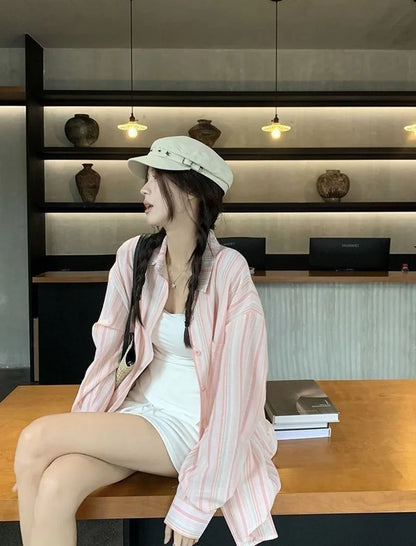 Pink Striped Shirt Women Korean Style Loose Long Sleeved Button Up Blouse Ladies Autumn New Wild Streetwear Casual Shirts 2025.
