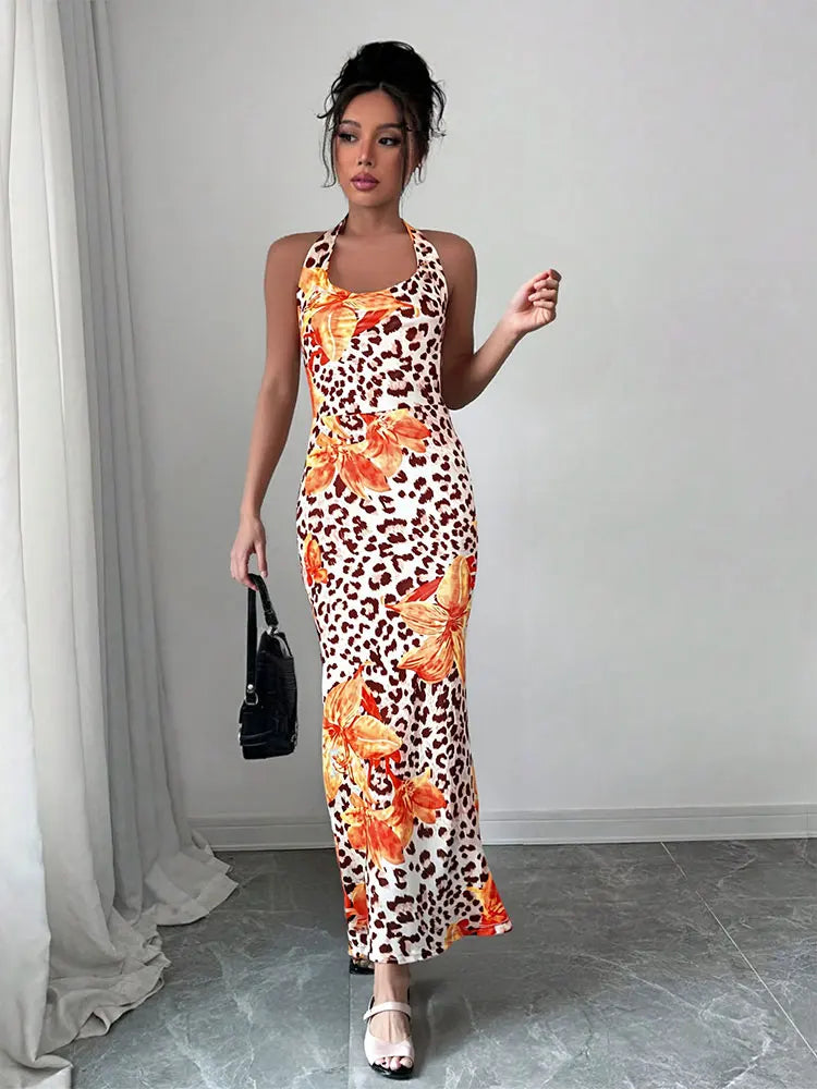 Frauen Kleidung Kleid Neue Sommer Sexy Backless Print Leopard V-ausschnitt Kleider Streetwear Fashion Halter Lace-up Kleider Kleidung