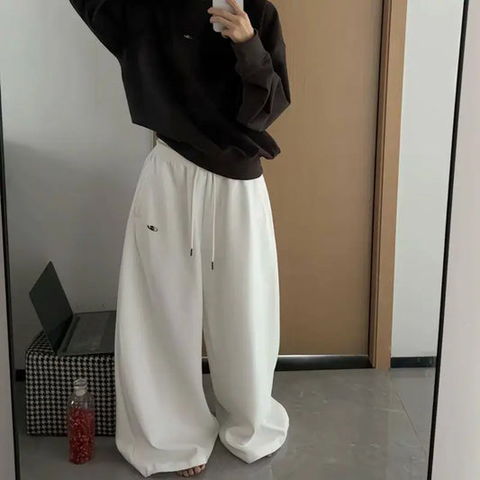 Oversize Cotton Pants Woman Y2K Casual Drawstring Trousers Korean Streetwear High Waist All Match Jogger Pants Grey Sweatpants.