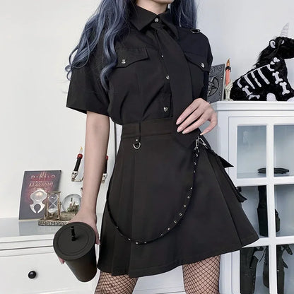 Harajuku Punk Gothic Black High Waist Black Skirts Women Sexy Patchwork Bandage Mini Female Streetwear Black Skirt.
