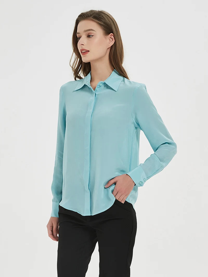 SuyaDream Damen-Seidenhemden, 100 % echte Seide, solide, langärmelige, schicke Blusen mit Knöpfen, 2025, Frühling, Sommer, Büro-Dame-Top, Weiß.