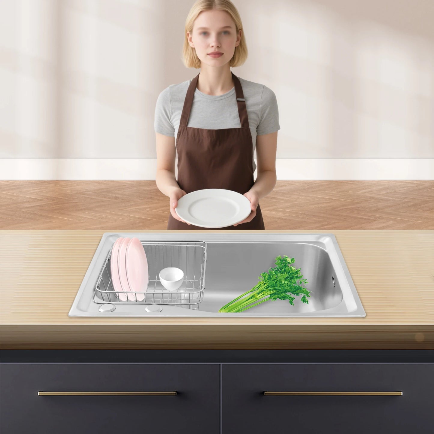 Stainless Steel Kitchen Sink Set, Single Bowl 25.6" Undermount/Overmount Sink with Draining Basket & Accessories