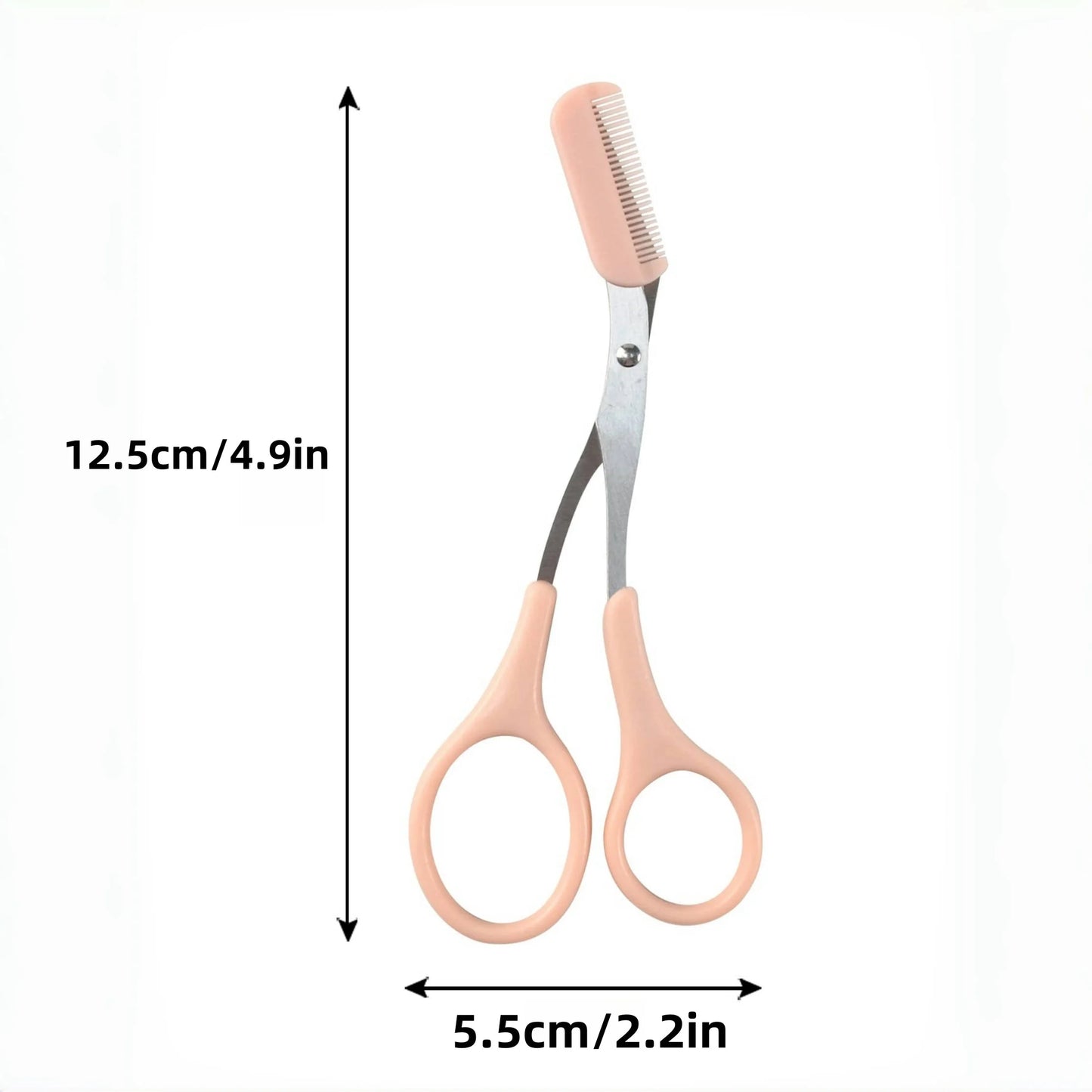 Pink eyebrow trimming scissors with built-in comb - stainless steel, precise grooming tool, creating perfect eyebrows.