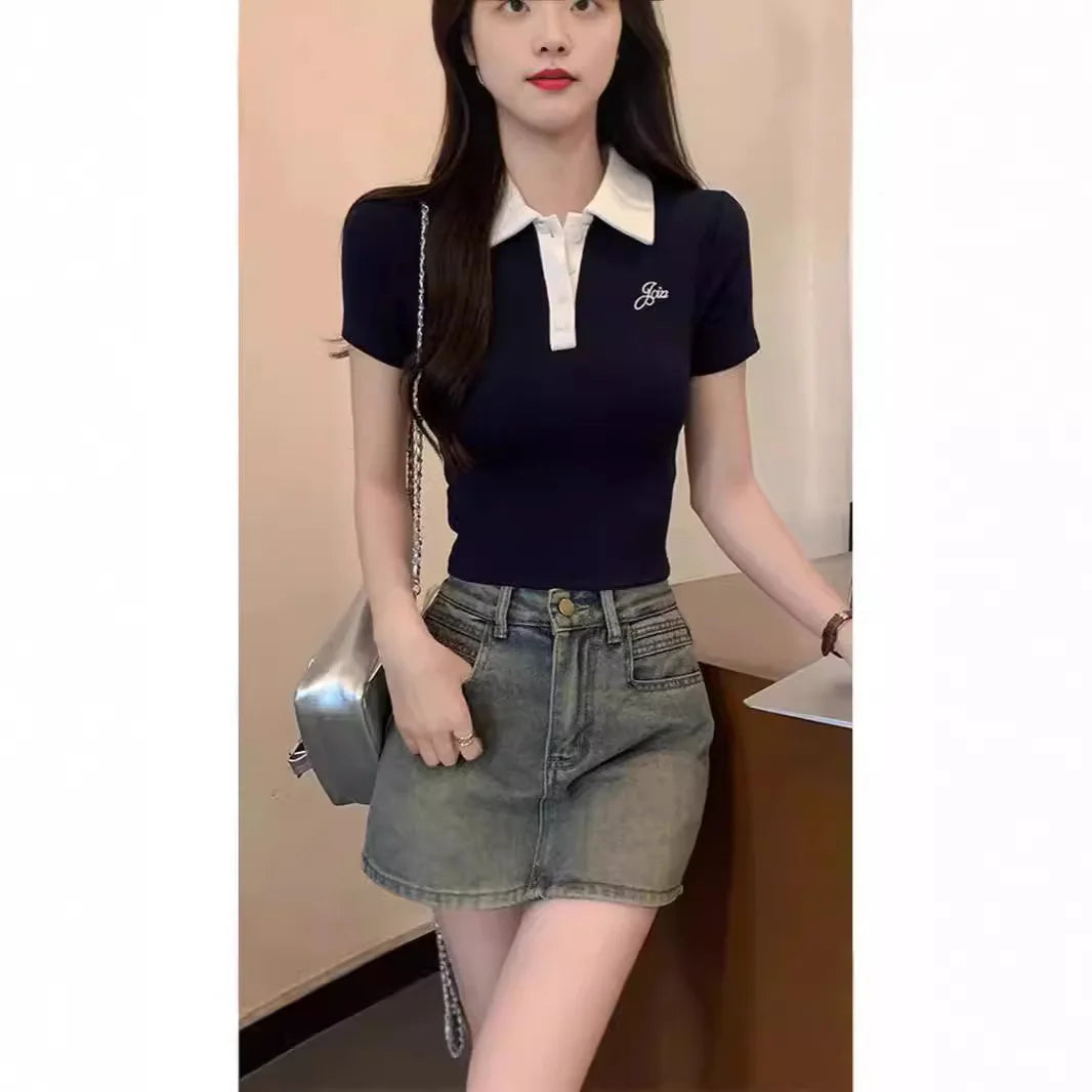 Original Quality Short Sleeve Polo Neck T-Shirt Women's Slim Fit Waist Cinched Sexy Design Casual Sweet Style Polyester Fabric.