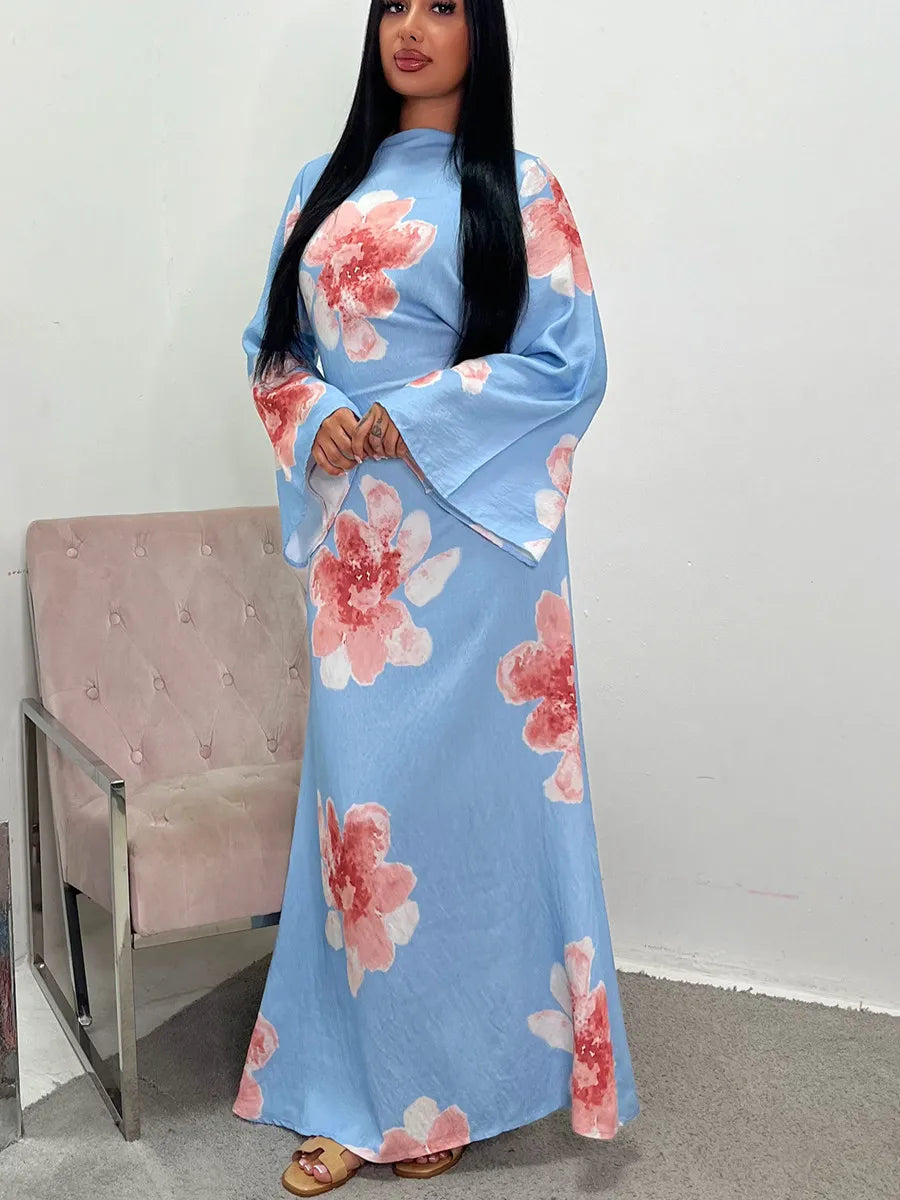 Women Arabic Eid Muslim Dubai Abaya Dress Luxury Fashion Flower Print Long Dress Kaftan Robe Femme African Islam Clothing Kebaya.