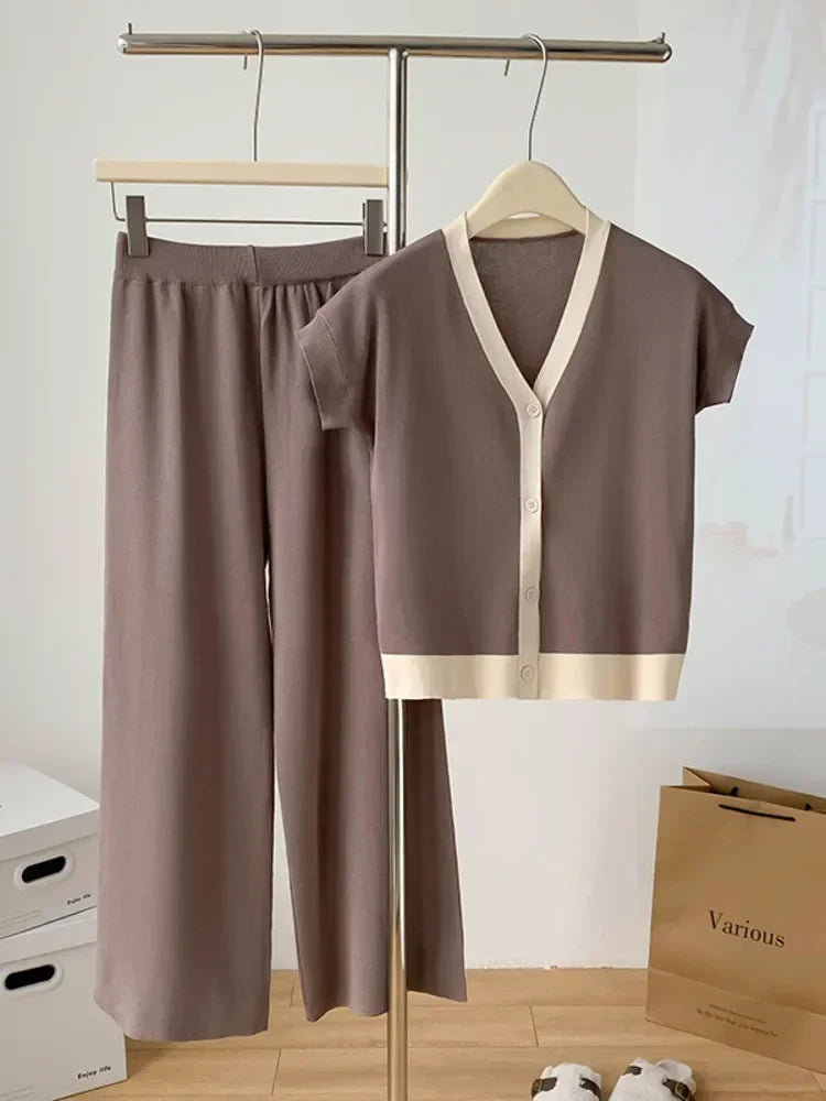 Fashion Knitted 2 Pieces Sets Women V-Neck Single Breasted Cardigan+High Waist Wide Leg Long Pants 2024 New Solid Sweater Suits