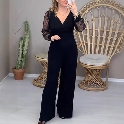 Jumpsuits Women One Piece Wide Leg Pants V Neck Gauze Long Sleeve Tight Waist Straight Trousers 2025 Office Lady Overalls.