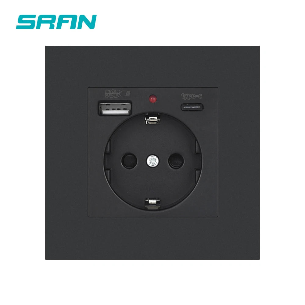 SRAN EU-Standard-Wandsteckdose mit USB und Typ-C 20 W Schnellladung, 5 V/2 A Doppelanschlüssen, 86 x 86 mm flammhemmendes Panel, CE-zertifiziert