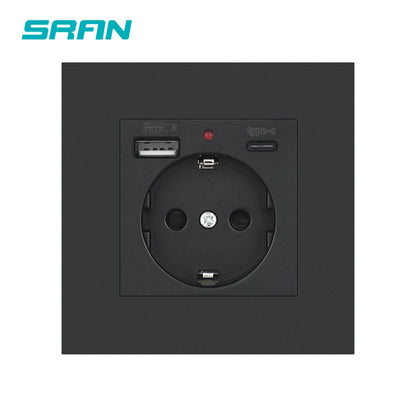 SRAN EU-Standard-Wandsteckdose mit USB und Typ-C 20 W Schnellladung, 5 V/2 A Doppelanschlüssen, 86 x 86 mm flammhemmendes Panel, CE-zertifiziert