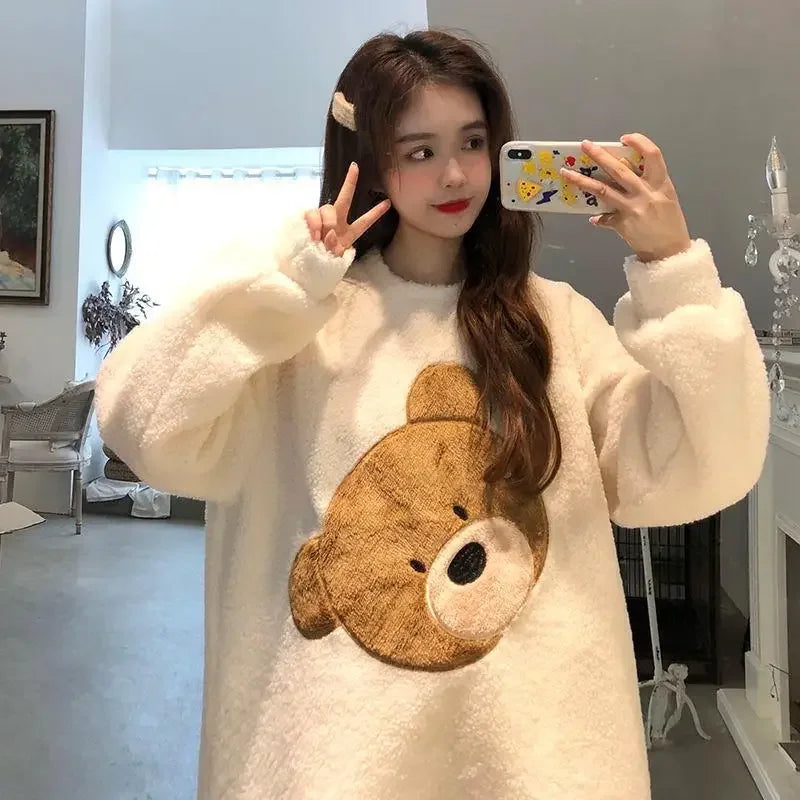 Thickened Warm Women Winter Two Pieces Set Flannel Homewear Pajamas O-Neck Loose Cute Cartoon Bear Ladies Sleepwear Loungewear.