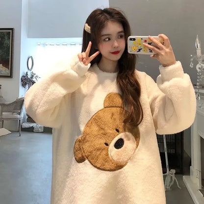 Thickened Warm Women Winter Two Pieces Set Flannel Homewear Pajamas O-Neck Loose Cute Cartoon Bear Ladies Sleepwear Loungewear.