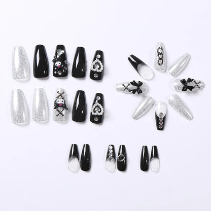 24Pcs 3D kuromi press on nails Y2K Cartoon Handmade Fake Nails Black Gel nail Wearable Nails Cinnamoroll Melody Anime False Nail.
