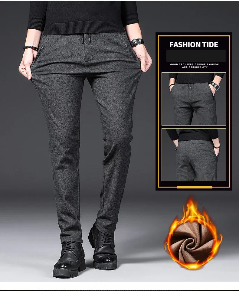 Winter Plush Trousers Men Business Fleece Pants Fashion Warm Drawstring Velvet Thick Casual Stretch Male Clothes 28-29.