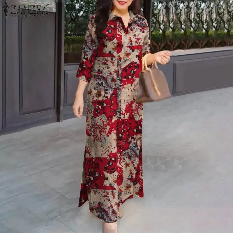 ZANZEA Women 3/4 Sleeve Long Dresses Fall 2024 Fashion Lapel Neck Cotton Shirtdress Vintage Floral Print Maxi Shirt Dress New In.