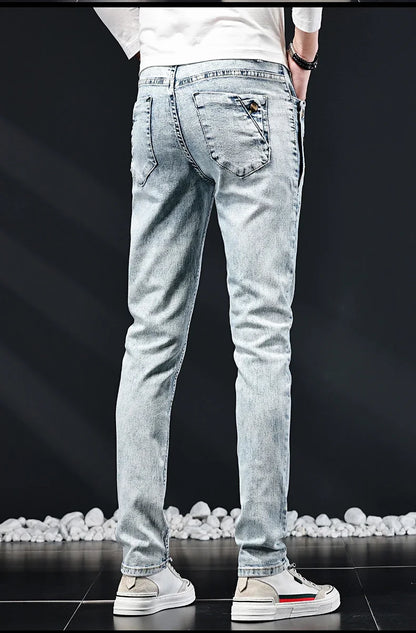 Slim Skinny Jeans Men New Elastic Korean Design Fashion Multi-Button Blue White Vintage Wash Cotton Stretch Denim Pants Trousers