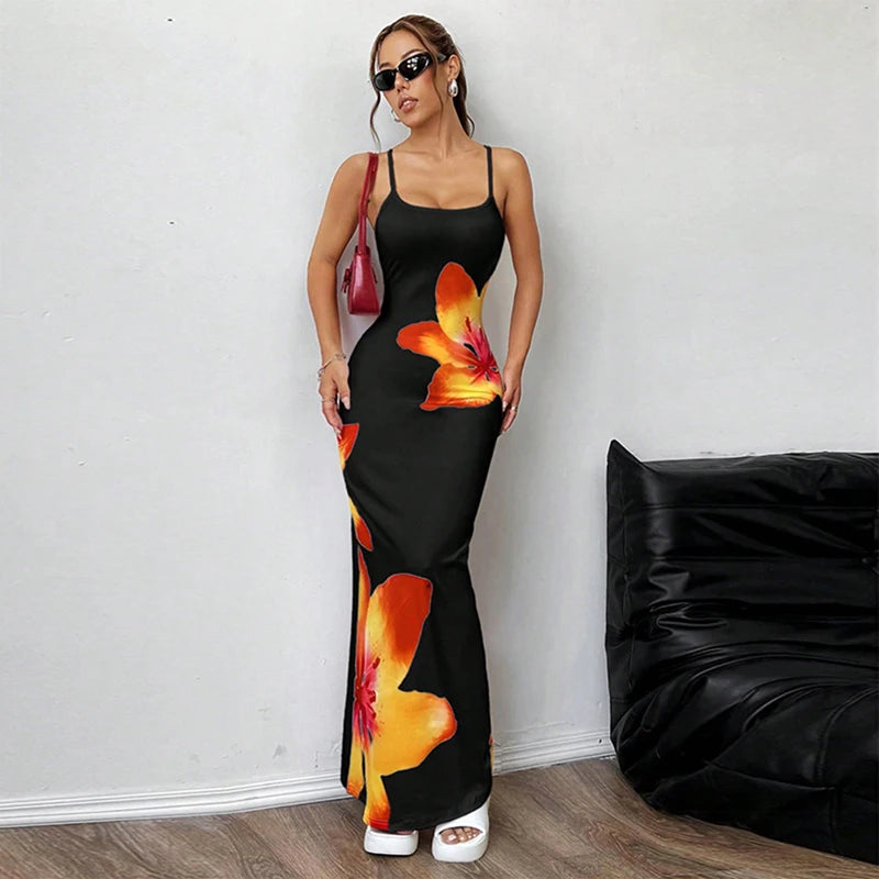 Frauen Sommer Spaghetti Strap Kleid Casual Blumen Druck Bodycon Party Kleid für Urlaub Cocktail Strand Streetwear.