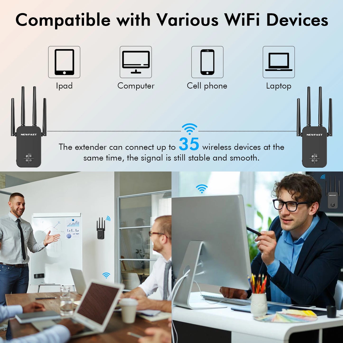 Comfast 1200Mbps Wifi Repeater 2.4/5G Dual-band Wireless WIFI Extender Smart Screen Home Router 4 Antennas WPS/RESET EU Plug