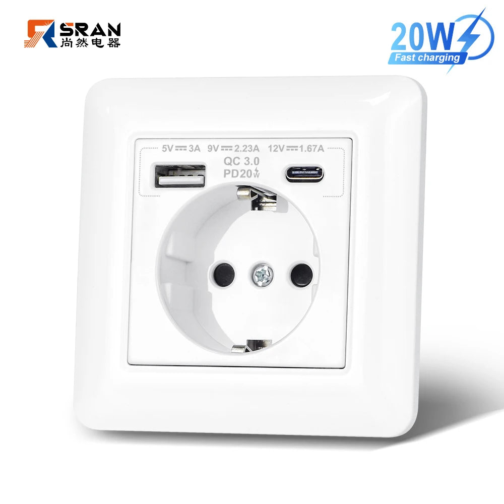 SRAN USB-Wandsteckdose, 20 W, schnelles Laden und 5 V, 2 A, EU-Standard, 82 x 82 mm, flammhemmendes PC-Panel, USB-Typ-C-Kombination.