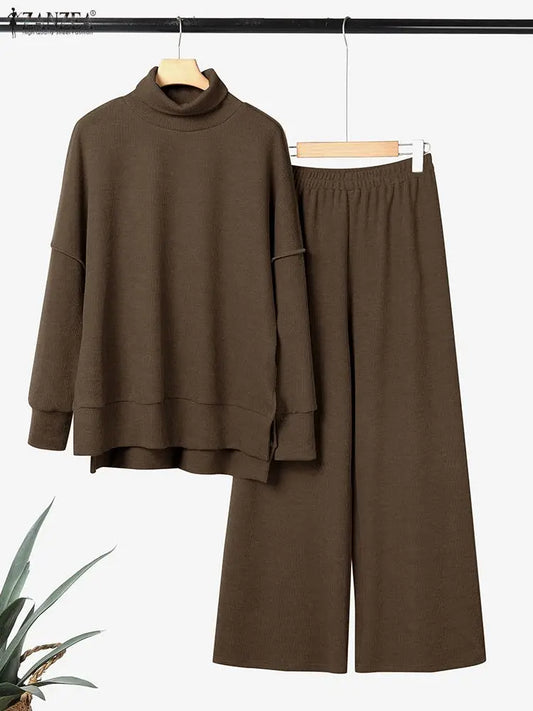ZANZEA Gestrickte 2-teilige Hosen-Sets für Damen, lässig, lockerer Rollkragen, Langarm-Pullover und Hosenanzüge mit weitem Bein, tägliche Outfits