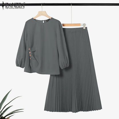 Fashion Muslim Sets Women 2PCS Outfits ZANZEA Elegant Long Sleeve Blouse Dress Suits Casual Solid Tracksuits Loose Matching Sets.