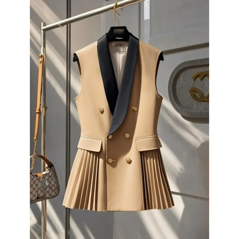 Frühling Sommer Jacke Weste Farbe Block Kaffee Ärmellose Blazer Weste Retro Weibliche Oberbekleidung Alle-spiel Mode Büro Dame.