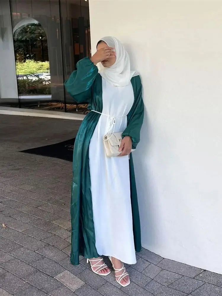 Ramadan Eid Open Satin Kebaya Abaya Dubai Luxury Kimono Kaftan Muslim Islam Dress Abayas For Women Caftan Robe Femme Musulmane.