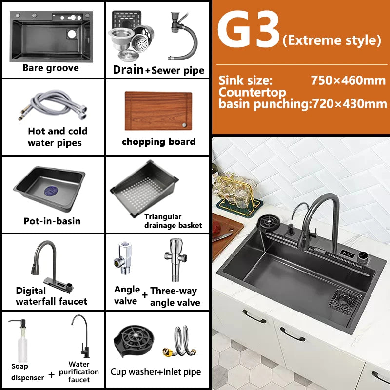 Waterfall Sink Kitchen Stainless Steel Topmount Sink Large Single Slot Wash Basin With Multifunction Touch Waterfall Faucet