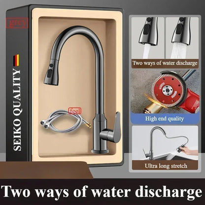 Kitchen Faucets Fine copper gun gray kitchen sink pull-out faucet household sink washbasin rotating hot and cold faucet