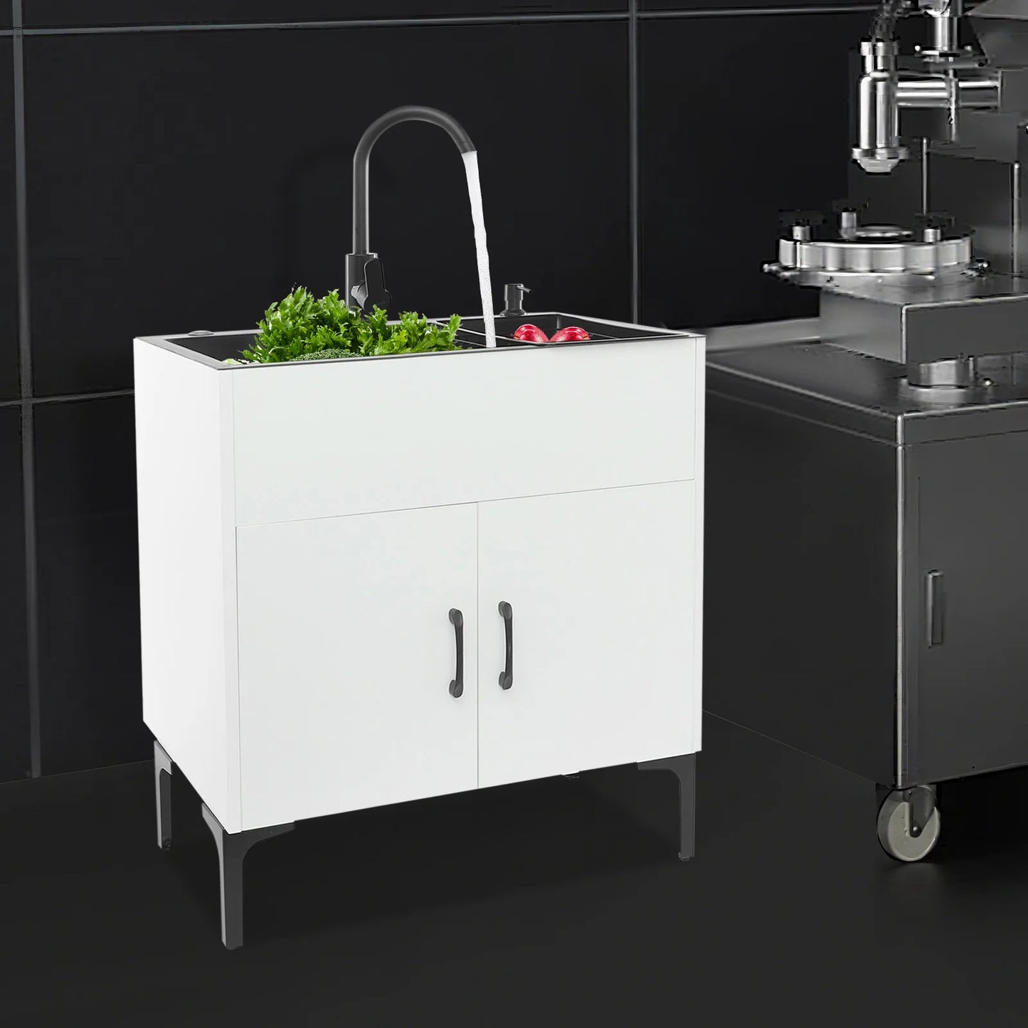 Schwarz/weißes unabhängiges Waschbecken mit Schrank, Küchenspüle aus Edelstahl mit 360° °   Drehbarer Wasserhahn für Badezimmer, Waschbecken