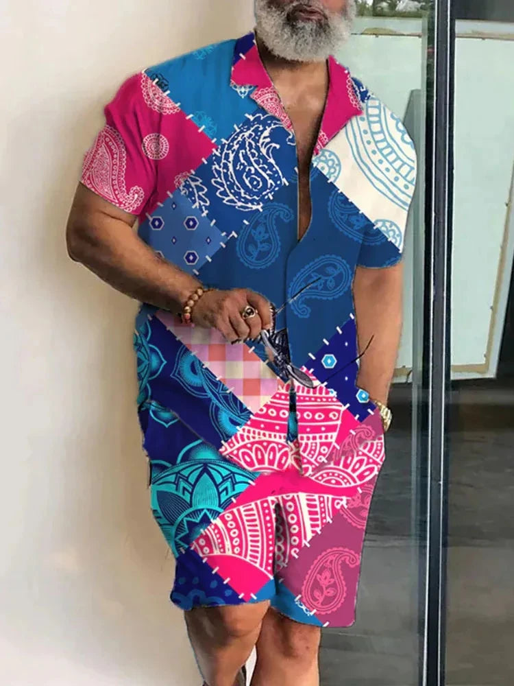 Summer Fashion PatternPrint Men's Short Sleeve Shirt And Shorts Set Beach Style T Shirt Breathable Shorts Two Piece Set Clothing.