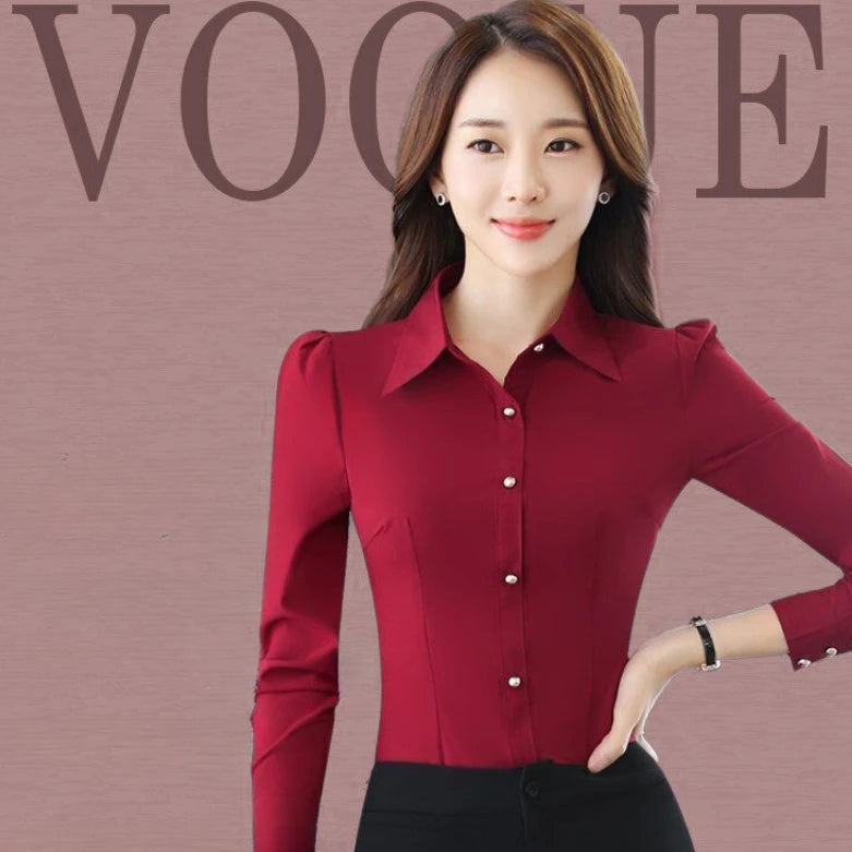 Red Women's Shirt Long Sleeve Blouse Autumn Women Shirts and Blouses Korean Fashion Slim Business Dress Shirt Women's Work Shirt.