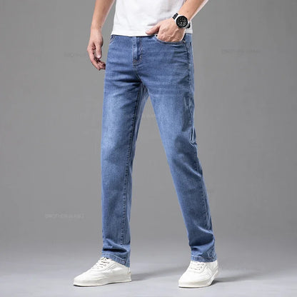 Summer Thin Men's Elastic Cotton Jeans Fashion Gray Comfortable Business Straight Casual Pants Brand Male Clothes Trousers.