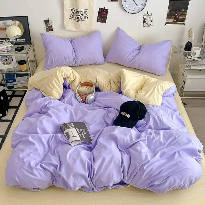 2025 new class A can sleep naked washed cotton solid color sheets student dormitory simple double-spell four-piece bedding.