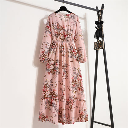 Frühling Sommer Frauen Maxi Kleider Casual Volle Hülse Floral Gedruckt Oansatz Frau Bohe Strand Party Lange Kleid Mujer Vestidos
